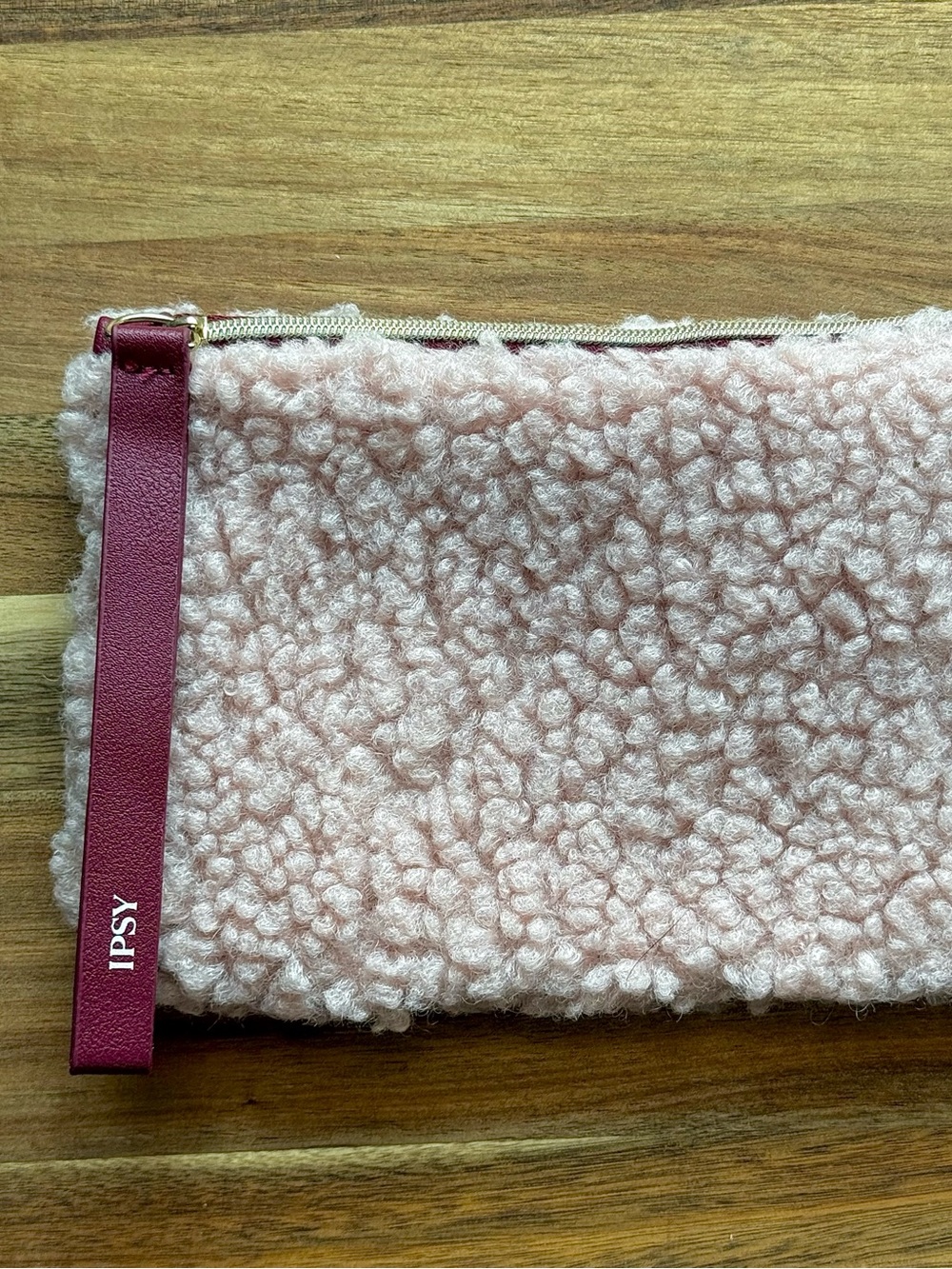 ipsy pink fluffy zippered pouch makeup bag